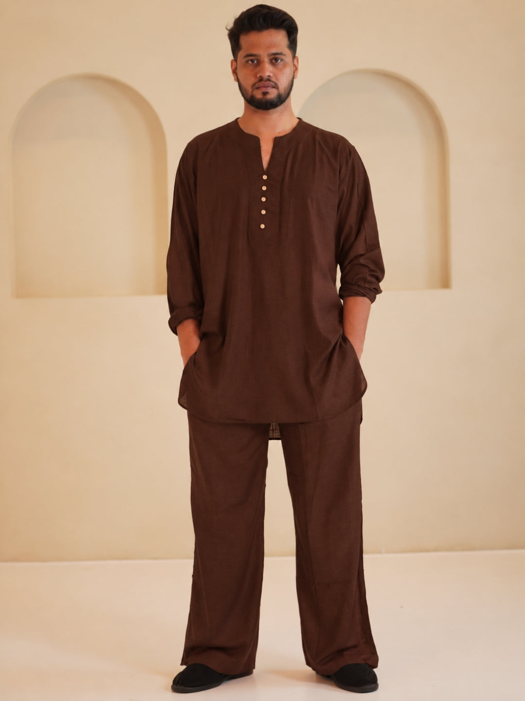 Cotton Linen Essential Brown Solid Kurta Sets for Men