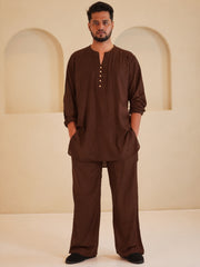 Cotton Linen Essential Brown Solid Kurta Sets for Men