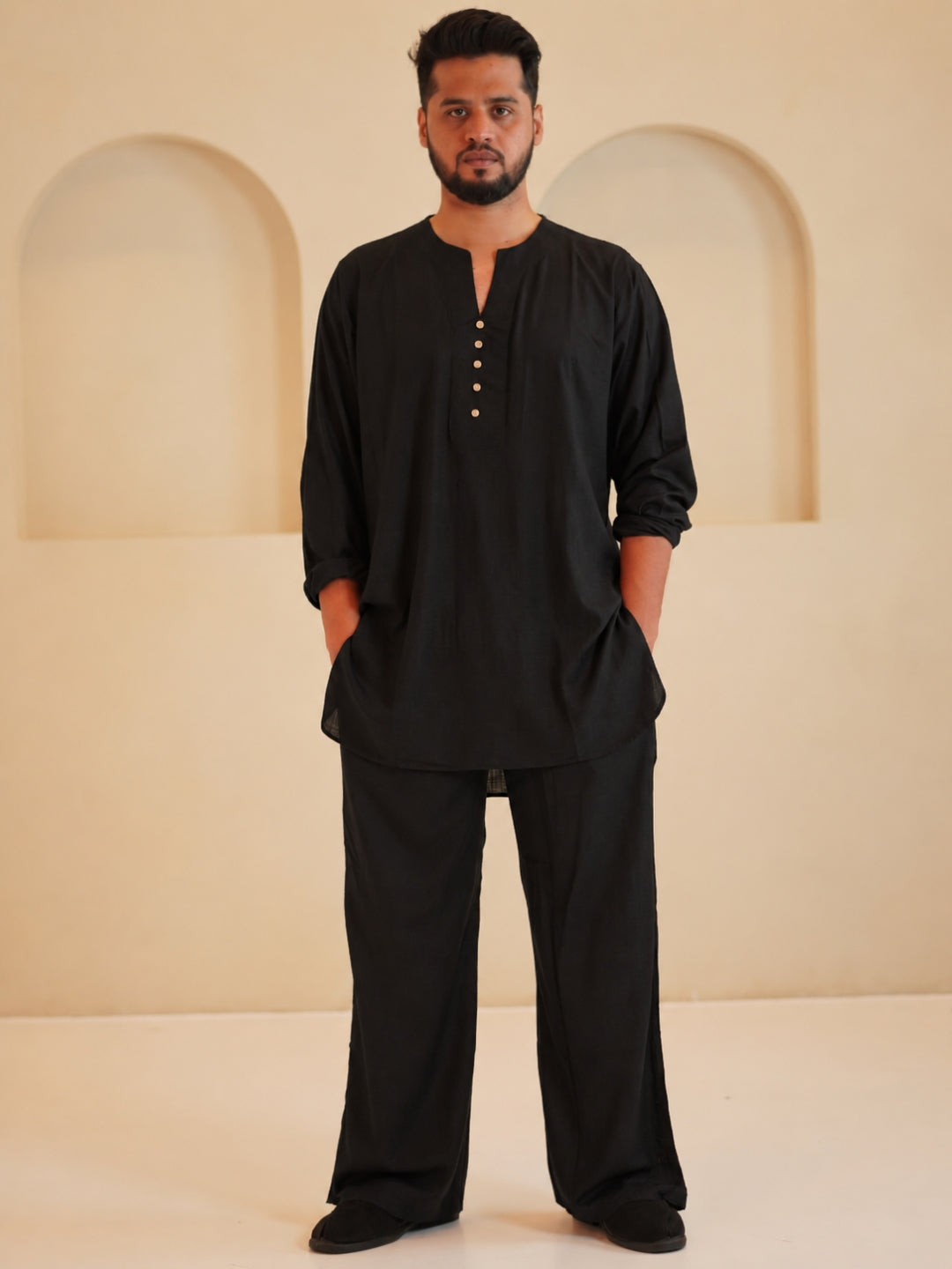 Cotton Linen Essential Black Solid Kurta Sets for Men