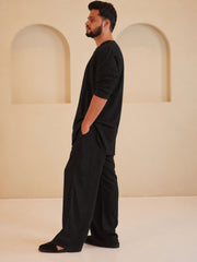 Cotton Linen Essential Black Solid Kurta Sets for Men