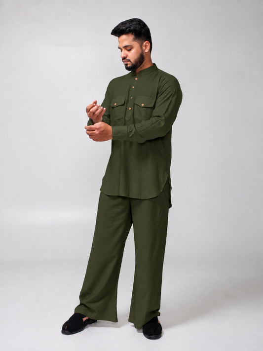 Olive Green Solid Farsi Kurta Pants Set for Men