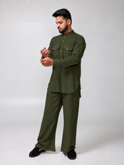 Olive Green Solid Farsi Kurta Pants Set for Men