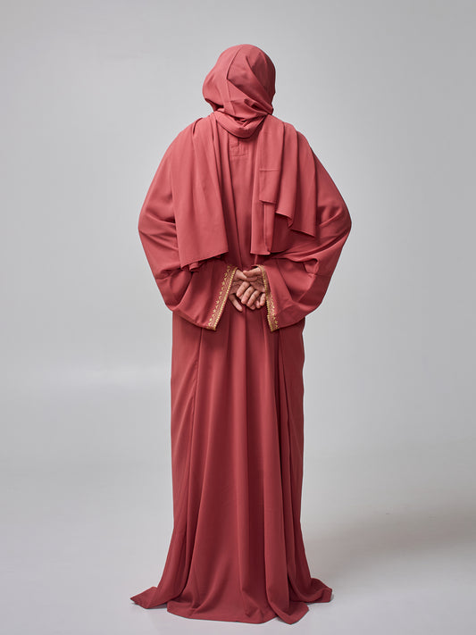 Modest Embroidered Rust Kaftan Abaya for Women with Inner & Hijab
