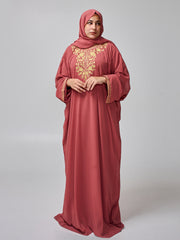 Modest Embroidered Rust Kaftan Abaya for Women with Inner & Hijab