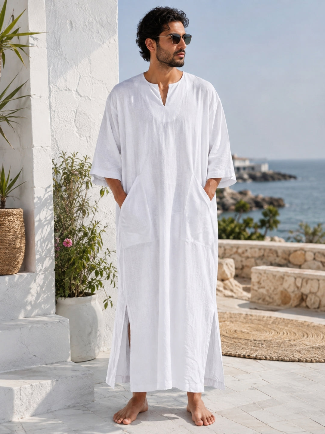 Men’s White Pure Linen Kaftan – Relaxed Islamic Robe