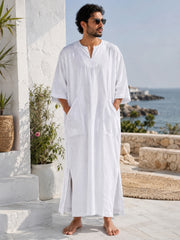 Men’s White Pure Linen Kaftan – Relaxed Islamic Robe
