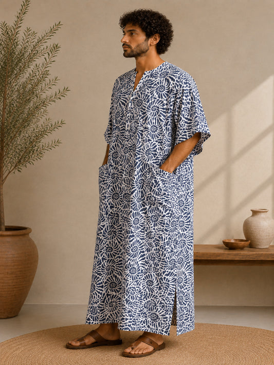 Men’s Printed Pure Cotton Kaftan– Relaxed Islamic Robe