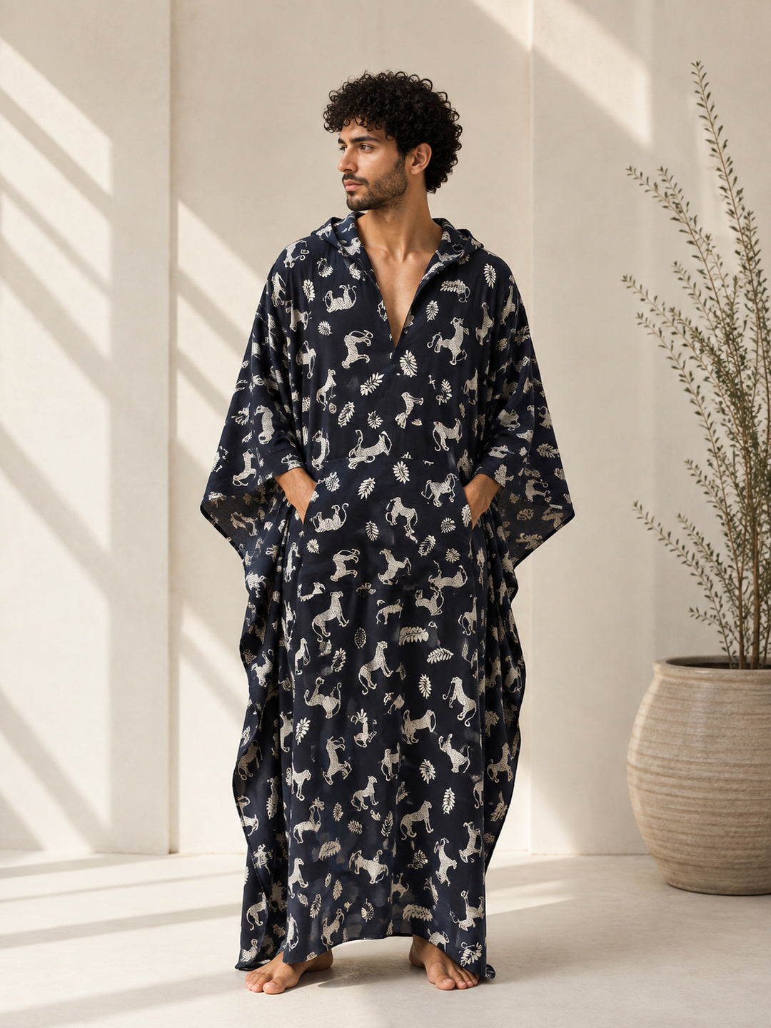 Men’s Black Printed Oversized Hooded Kaftan – Bohemian Robe Kimono