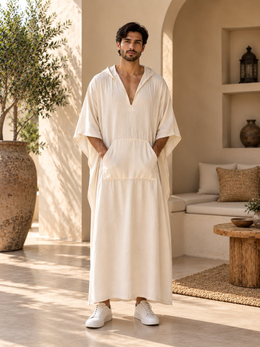 Men’s Off White Hooded Linen Oversized Kaftan – Resort Wear Beach Cover-Up