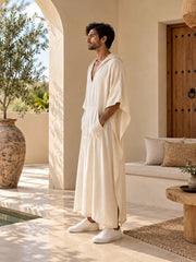 Men’s Off White Hooded Linen Oversized Kaftan – Resort Wear Beach Cover-Up