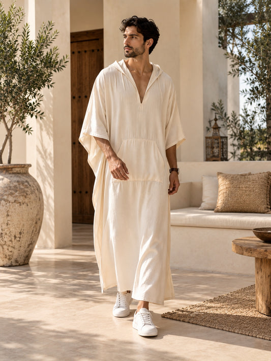 Men’s Off White Hooded Linen Oversized Kaftan – Resort Wear Beach Cover-Up