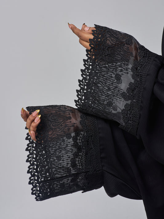 Modest Lace Detail Abaya with Black Georgette Hijab for Women