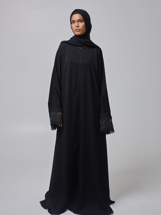 Modest Lace Detail Abaya with Black Georgette Hijab for Women