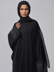 Modest Lace Detail Abaya with Black Georgette Hijab for Women