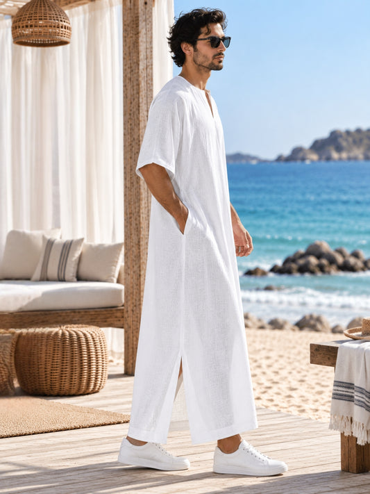 Men’s White Pure Linen Kaftan – Relaxed Islamic Robe