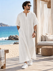 Men’s White Pure Linen Kaftan – Relaxed Islamic Robe