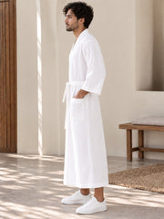 Men’s White Linen Wrap Robe Kaftan – Oversized Resort Wear