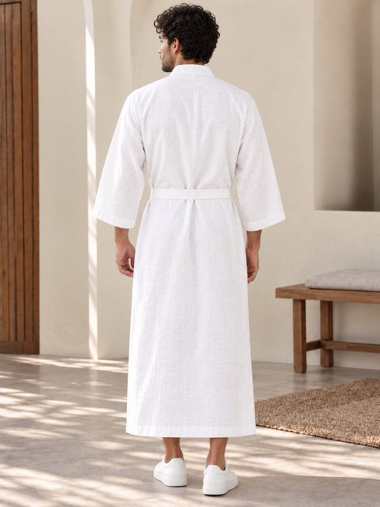 Men’s White Linen Wrap Robe Kaftan – Oversized Resort Wear