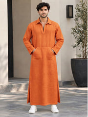 Men’s Orange Solid Linen Oversized Resort Wear Kaftan