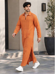 Men’s Orange Solid Linen Oversized Resort Wear Kaftan