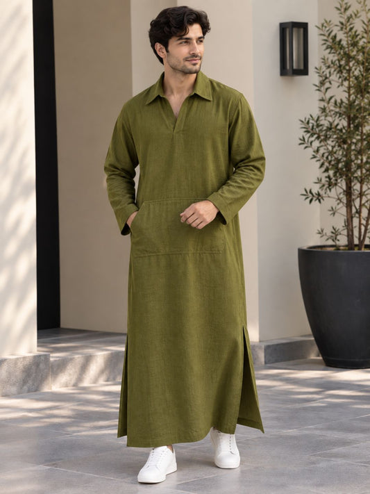Men’s Green Solid Linen Oversized Resort Wear Kaftan