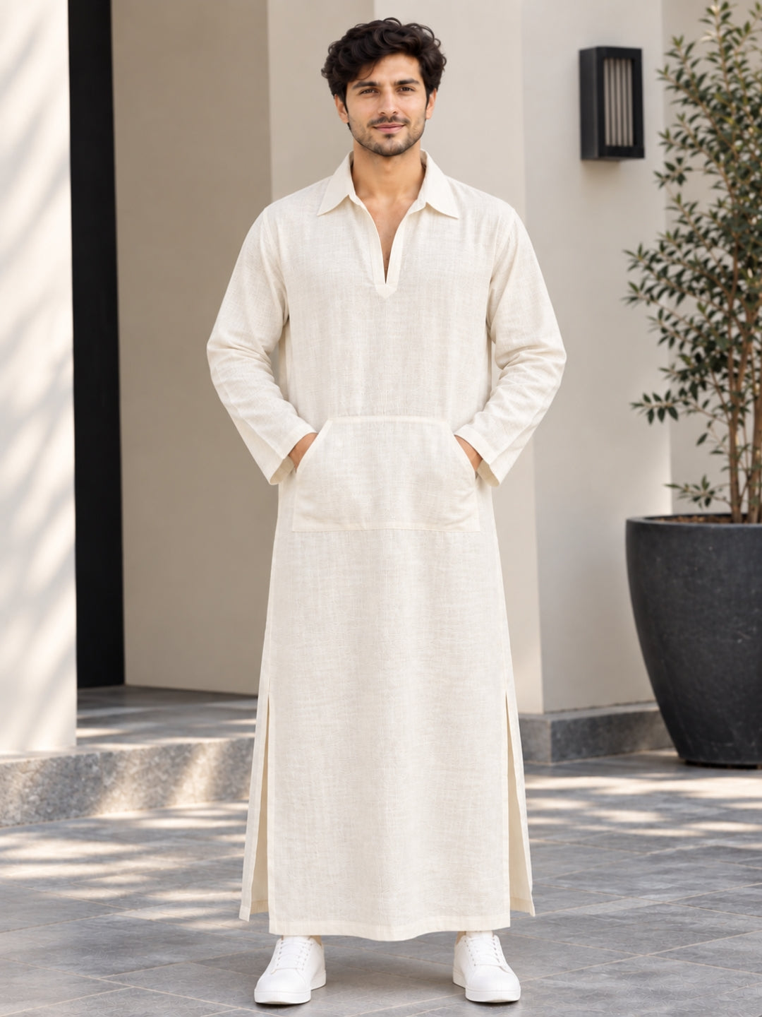 Men’s Off White Solid Linen Oversized Resort Wear Kaftan
