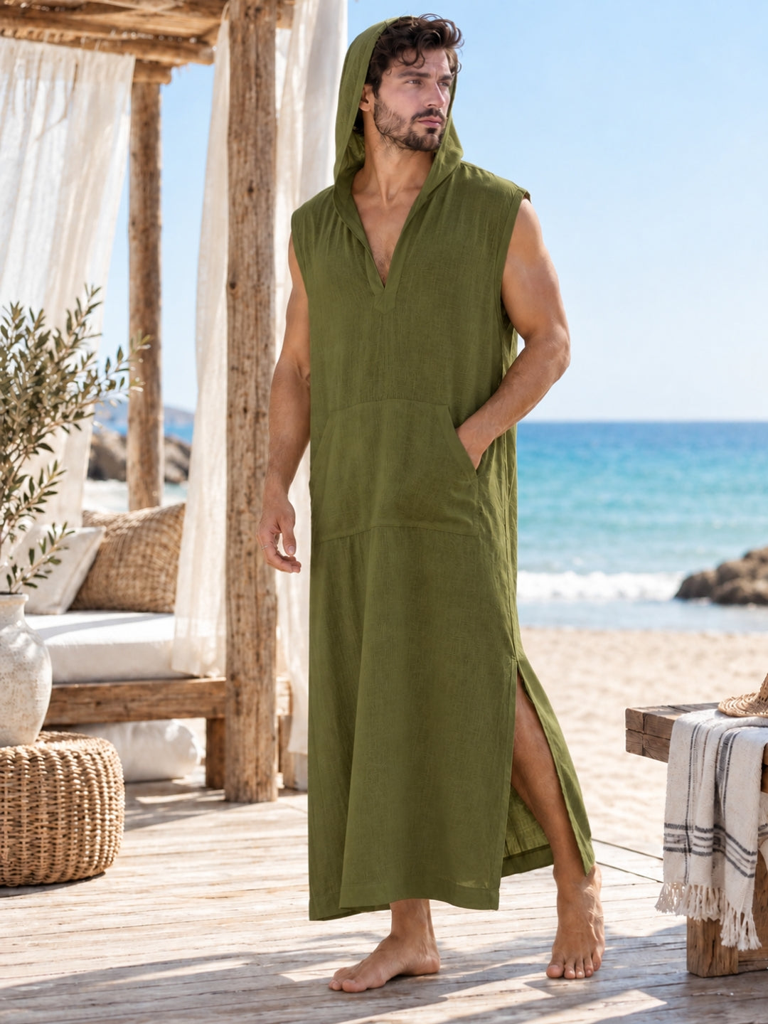 Men’s Green Hooded Linen Kaftan – Oversized Resort Wear
