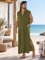 Men’s Green Hooded Linen Kaftan – Oversized Resort Wear