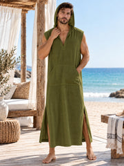 Men’s Green Hooded Linen Kaftan – Oversized Resort Wear