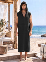 Men’s Black Hooded Linen Kaftan – Oversized Resort Wear