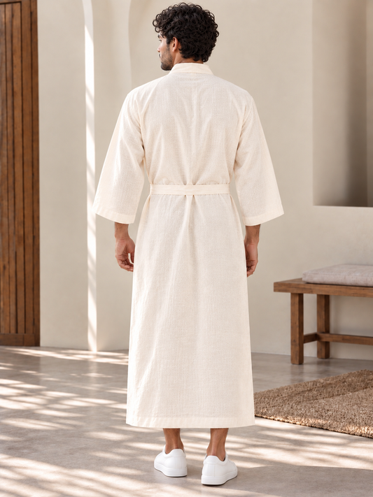 Men’s Off White Linen Wrap Robe Kaftan – Oversized Resort Wear