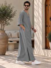 Men’s Pure Linen Solid Grey Kaftan – Oversized Resort Wear Beach Cover-Up
