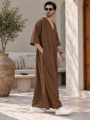 Men’s Pure Linen Solid Brown Kaftan – Oversized Resort Wear Beach Cover-Up