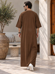 Men’s Pure Linen Solid Brown Kaftan – Oversized Resort Wear Beach Cover-Up