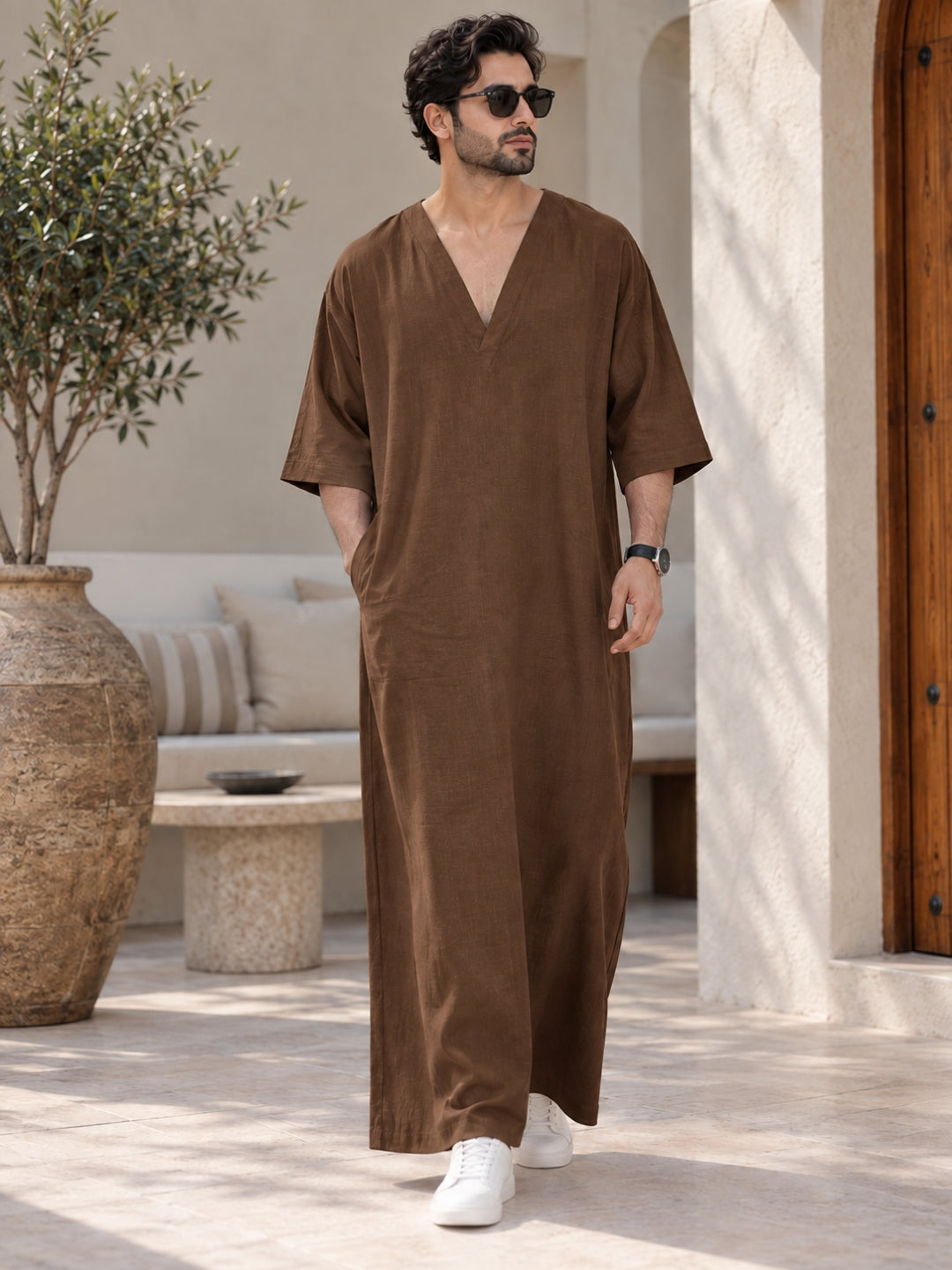 Men’s Pure Linen Solid Brown Kaftan – Oversized Resort Wear Beach Cover-Up