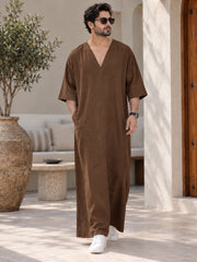 Men’s Pure Linen Solid Brown Kaftan – Oversized Resort Wear Beach Cover-Up