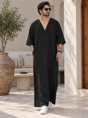Men’s Pure Linen Solid Black Kaftan – Oversized Resort Wear Beach Cover-Up