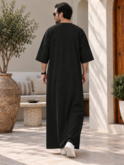 Men’s Pure Linen Solid Black Kaftan – Oversized Resort Wear Beach Cover-Up