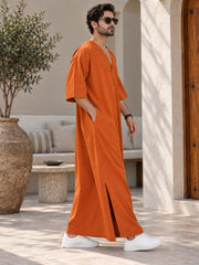 Men’s Pure Linen Solid Orange Kaftan – Oversized Resort Wear Beach Cover-Up