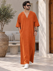 Men’s Pure Linen Solid Orange Kaftan – Oversized Resort Wear Beach Cover-Up