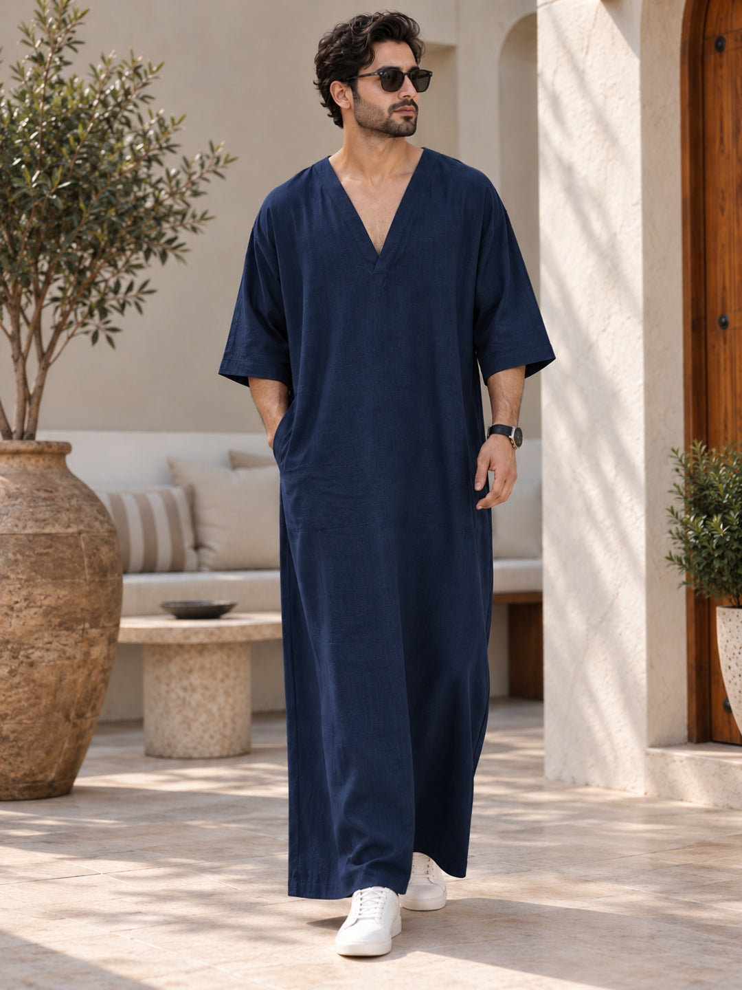 Men’s Pure Linen Navy Blue Kaftan – Oversized Resort Wear Beach Cover-Up