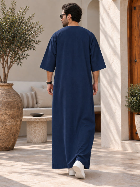 Men’s Pure Linen Navy Blue Kaftan – Oversized Resort Wear Beach Cover-Up