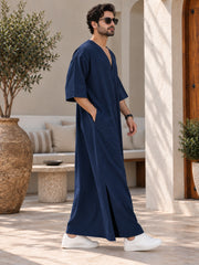 Men’s Pure Linen Navy Blue Kaftan – Oversized Resort Wear Beach Cover-Up