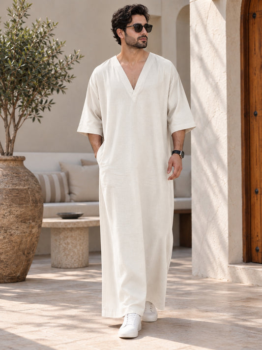 Men’s Pure Linen Off White Kaftan – Oversized Resort Wear Beach Cover-Up