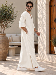 Men’s Pure Linen Off White Kaftan – Oversized Resort Wear Beach Cover-Up