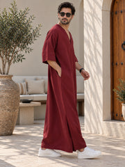 Men’s Pure Linen Maroon Kaftan – Oversized Resort Wear Beach Cover-Up