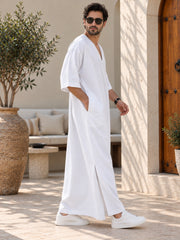 Men’s Pure Linen White Kaftan – Oversized Resort Wear Beach Cover-Up