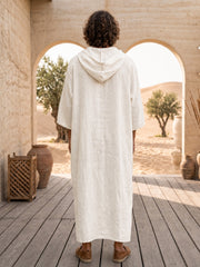 Men’s Off White Hooded Linen Kaftan – Oversized Resort Wear Beach Cover-Up