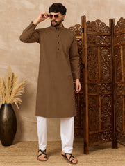 Oat (Khaki) Cotton Kurta and White Pajama Set for Men