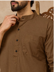 Oat (Khaki) Cotton Kurta and White Pajama Set for Men